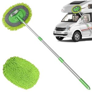 bemece Car Cleaning Brush with Long Handle, Chenille Microfiber Car Wash Brush, 2 in 1 Car Wash Kit for Cleaning Car Van Truck Caravan(1 Chenille Replacement Head), Green